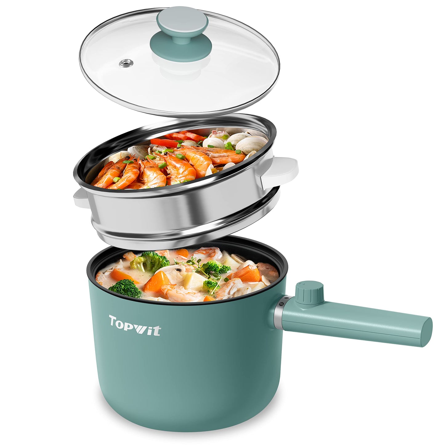 Topwit Hot Pot Electric, 1.5L Ramen Cooker, Portable Non-Stick Frying Pan, Electric Pot for Pasta, Steak, BPA Free, Electric Cooker with Dual Power Control, Over-Heating & Boil Dry Protection, Green