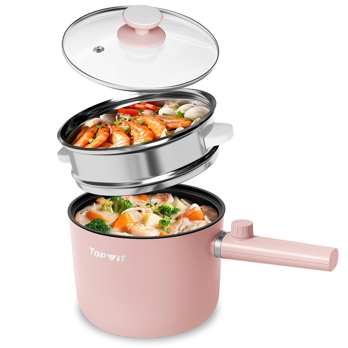 Topwit Hot Pot Electric, 1.5L Ramen Cooker, Portable Non-Stick Frying Pan, Electric Pot for Pasta, Steak, BPA Free, Electric Cooker with Dual Power Control, Over-Heating & Boil Dry Protection, Green