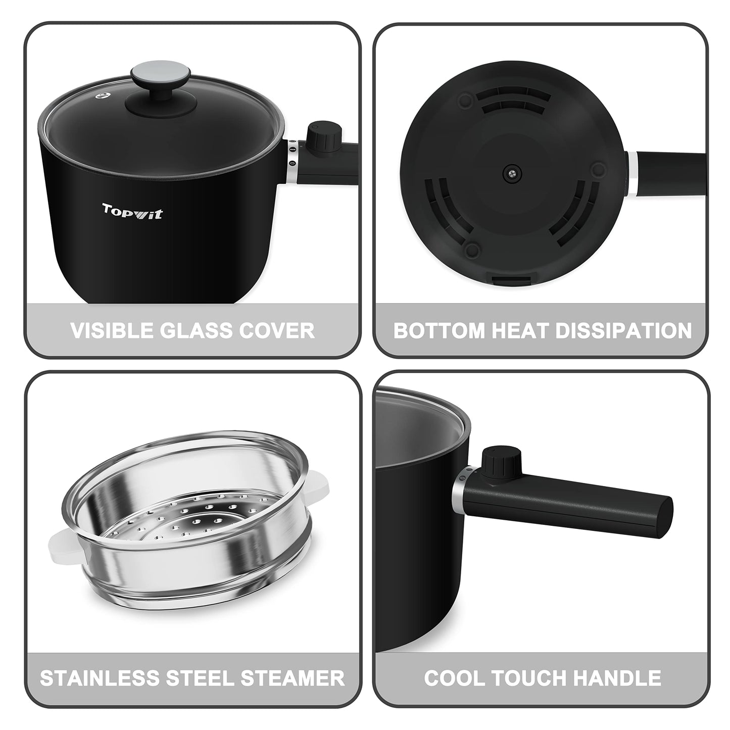 Topwit Hot Pot Electric, 1.5L Ramen Cooker, Portable Non-Stick Frying Pan, Electric Pot for Pasta, Steak, BPA Free, Electric Cooker with Dual Power Control, Over-Heating & Boil Dry Protection, Green