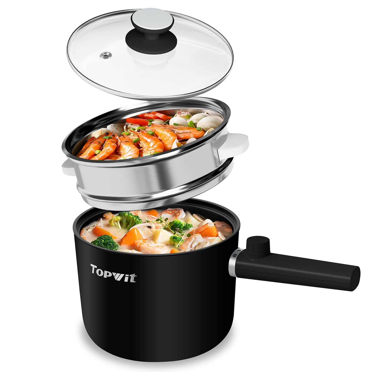 Topwit Hot Pot Electric, 1.5L Ramen Cooker, Portable Non-Stick Frying Pan, Electric Pot for Pasta, Steak, BPA Free, Electric Cooker with Dual Power Control, Over-Heating & Boil Dry Protection, Green