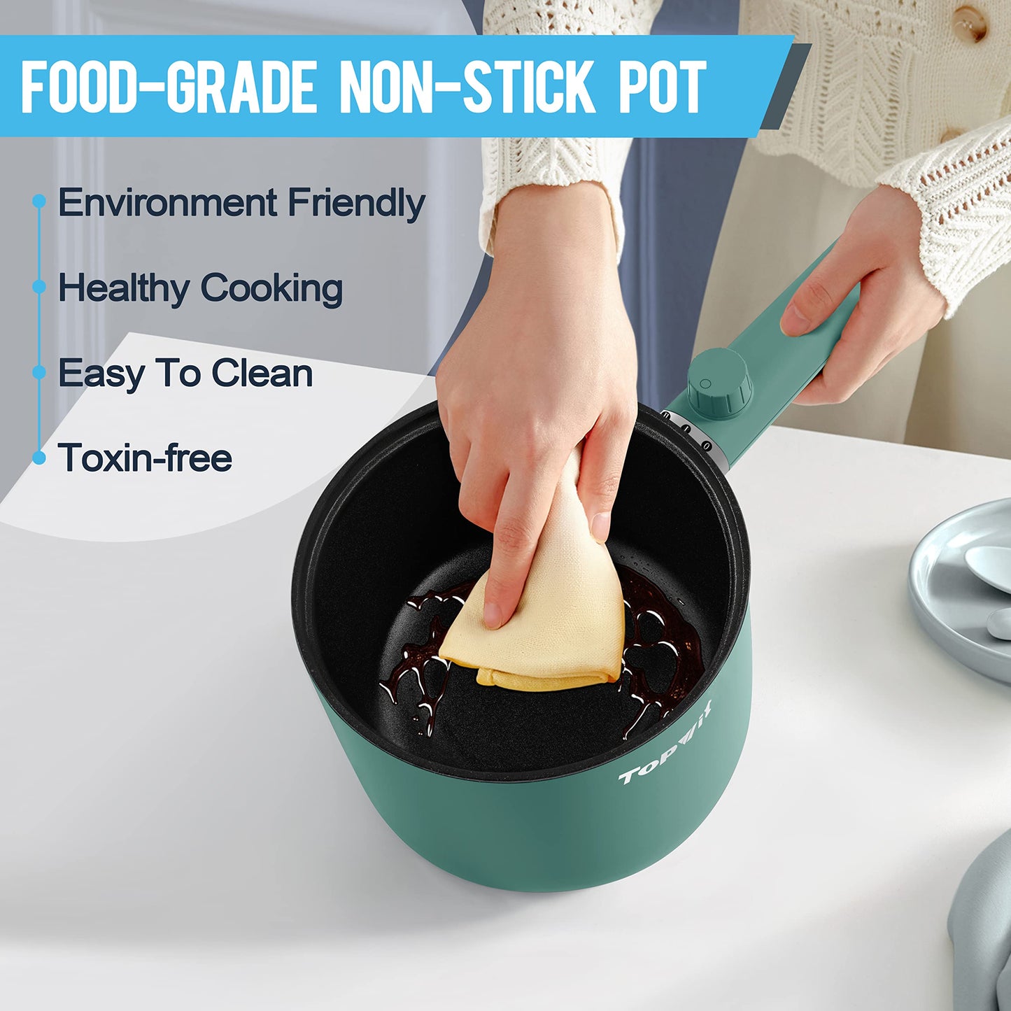 Topwit Hot Pot Electric, 1.5L Ramen Cooker, Portable Non-Stick Frying Pan, Electric Pot for Pasta, Steak, BPA Free, Electric Cooker with Dual Power Control, Over-Heating & Boil Dry Protection, Green