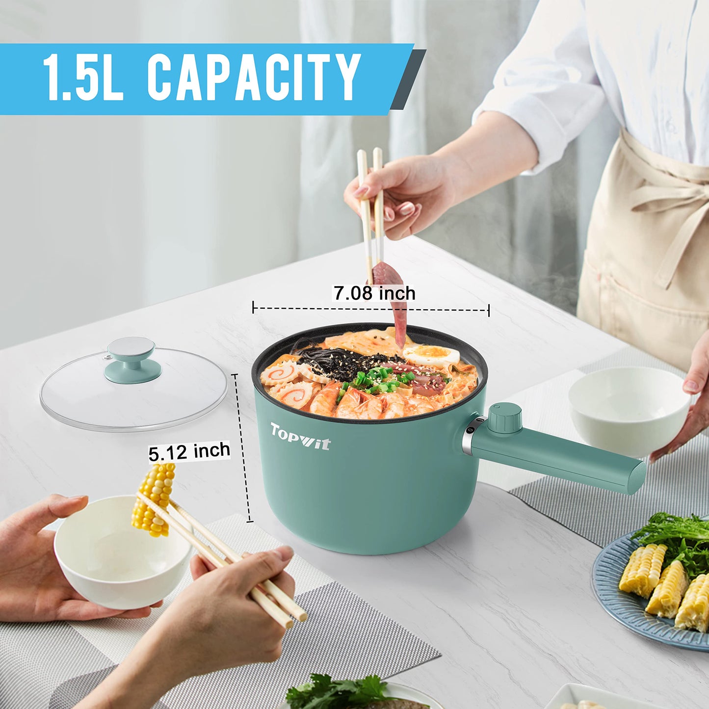 Topwit Hot Pot Electric, 1.5L Ramen Cooker, Portable Non-Stick Frying Pan, Electric Pot for Pasta, Steak, BPA Free, Electric Cooker with Dual Power Control, Over-Heating & Boil Dry Protection, Green