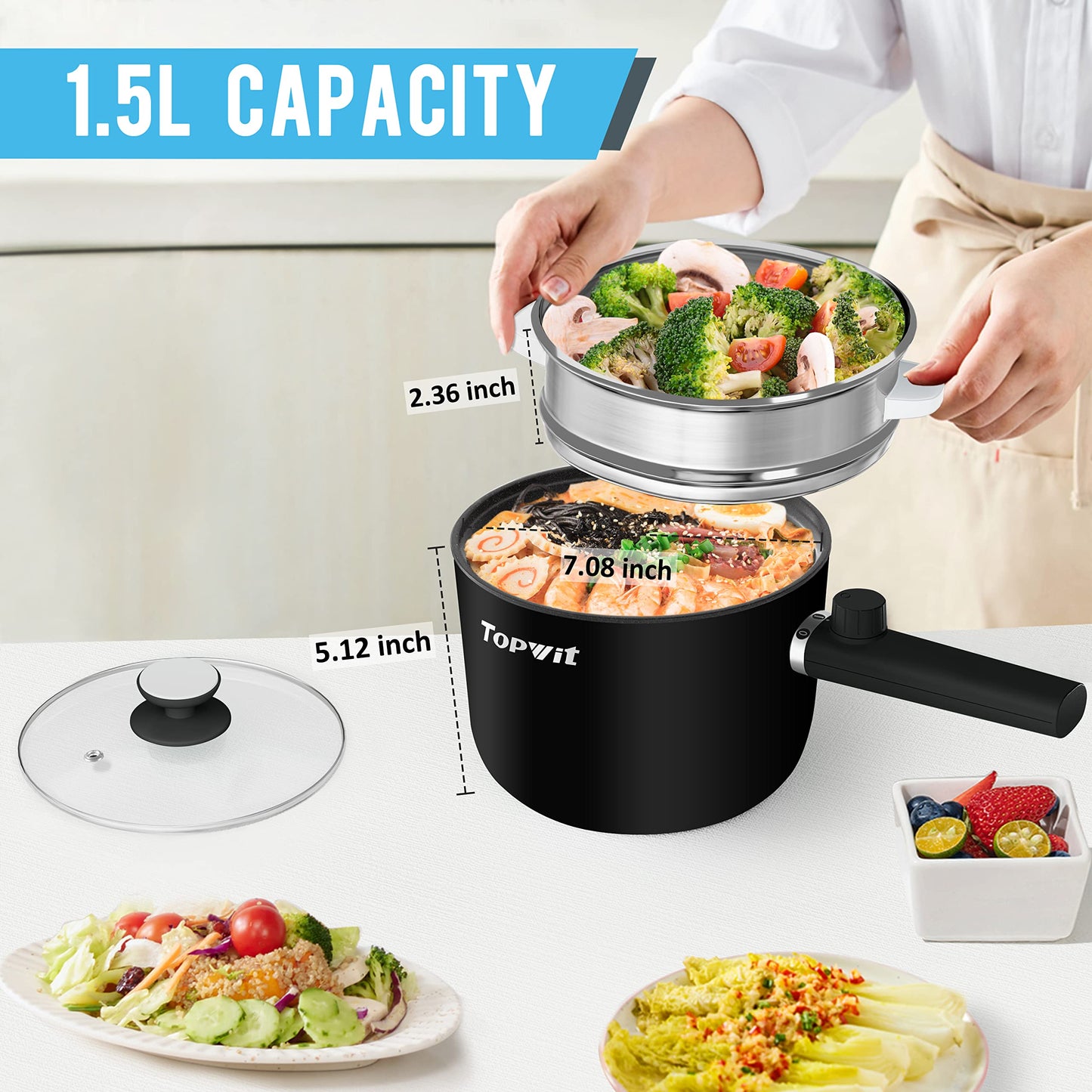 Topwit Hot Pot Electric, 1.5L Ramen Cooker, Portable Non-Stick Frying Pan, Electric Pot for Pasta, Steak, BPA Free, Electric Cooker with Dual Power Control, Over-Heating & Boil Dry Protection, Green