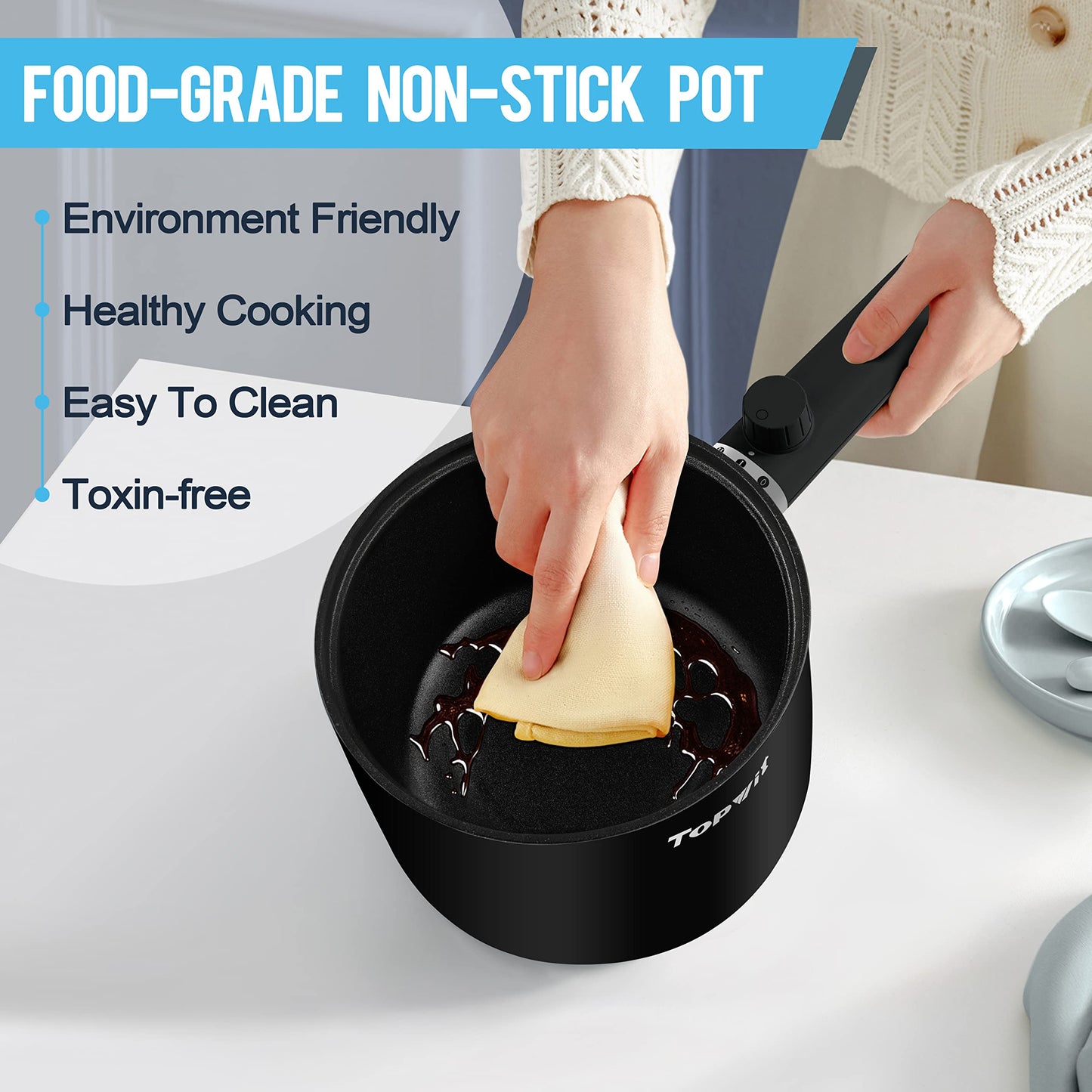 Topwit Hot Pot Electric, 1.5L Ramen Cooker, Portable Non-Stick Frying Pan, Electric Pot for Pasta, Steak, BPA Free, Electric Cooker with Dual Power Control, Over-Heating & Boil Dry Protection, Green