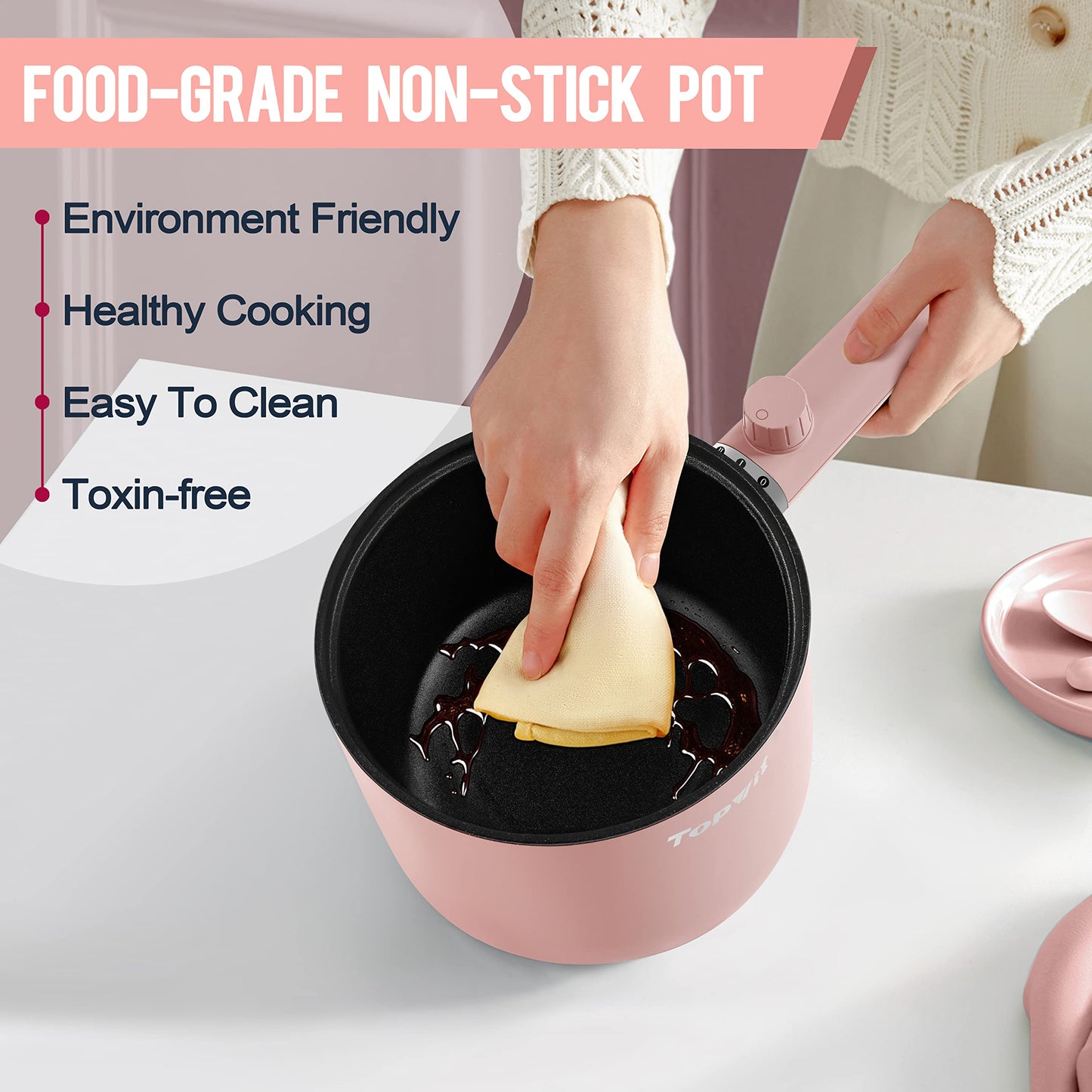 Topwit Hot Pot Electric, 1.5L Ramen Cooker, Portable Non-Stick Frying Pan, Electric Pot for Pasta, Steak, BPA Free, Electric Cooker with Dual Power Control, Over-Heating & Boil Dry Protection, Green