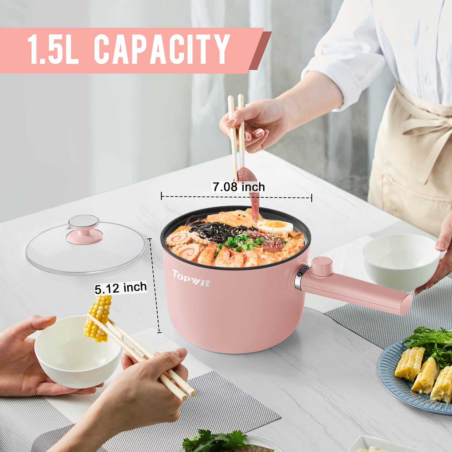 Topwit Hot Pot Electric, 1.5L Ramen Cooker, Portable Non-Stick Frying Pan, Electric Pot for Pasta, Steak, BPA Free, Electric Cooker with Dual Power Control, Over-Heating & Boil Dry Protection, Green