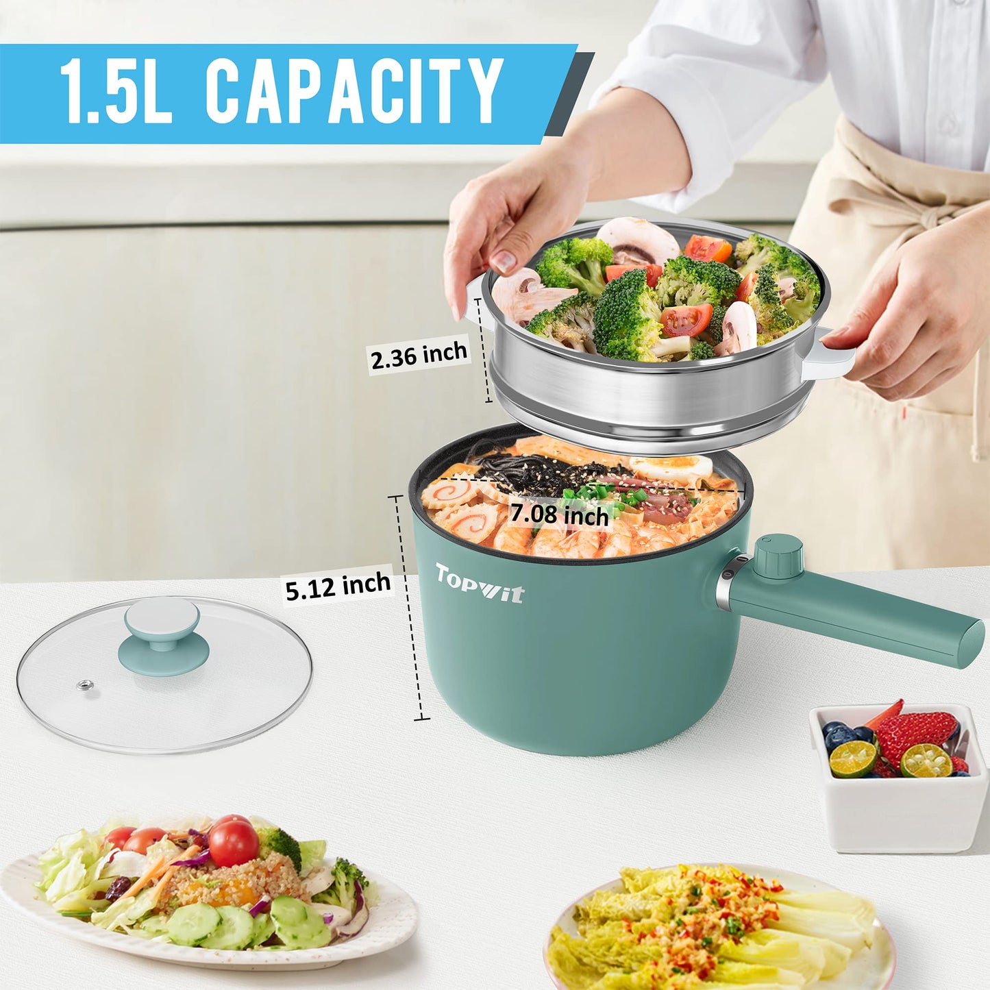 Topwit Hot Pot Electric, 1.5L Ramen Cooker, Portable Non-Stick Frying Pan, Electric Pot for Pasta, Steak, BPA Free, Electric Cooker with Dual Power Control, Over-Heating & Boil Dry Protection, Green