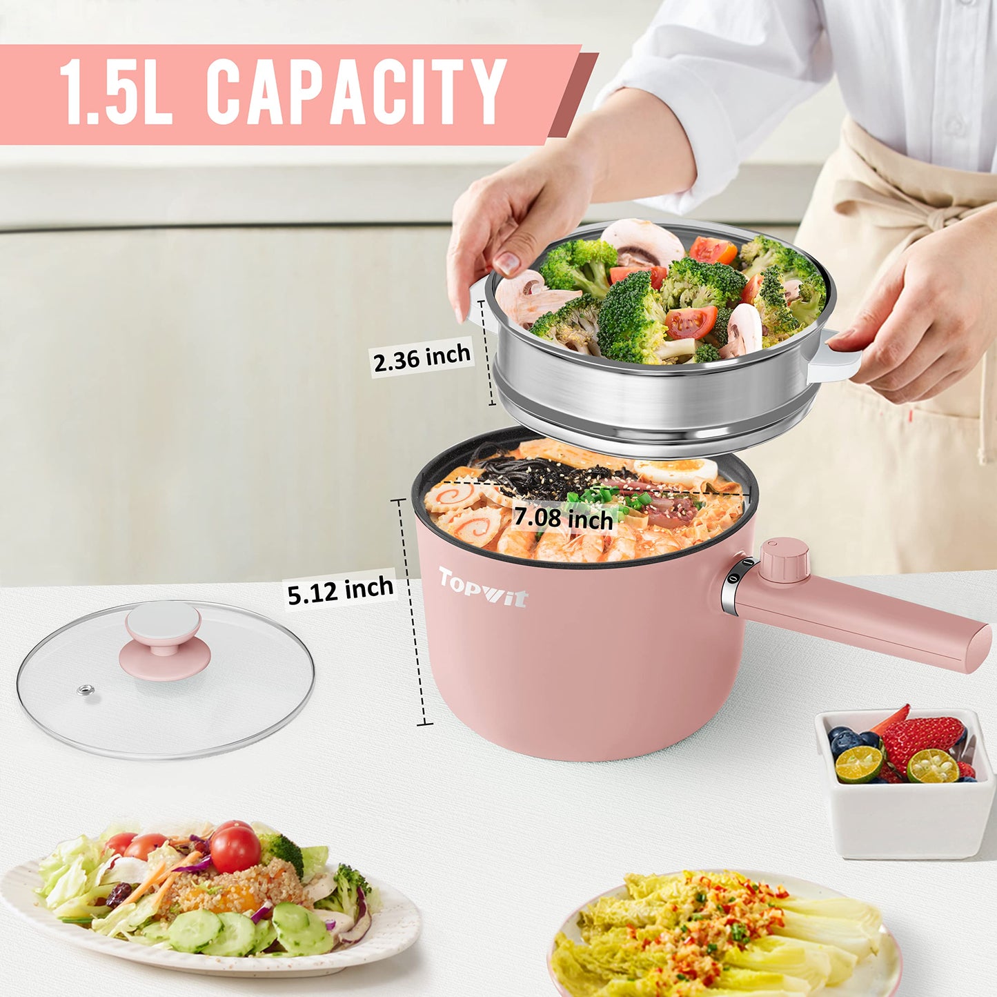 Topwit Hot Pot Electric, 1.5L Ramen Cooker, Portable Non-Stick Frying Pan, Electric Pot for Pasta, Steak, BPA Free, Electric Cooker with Dual Power Control, Over-Heating & Boil Dry Protection, Green