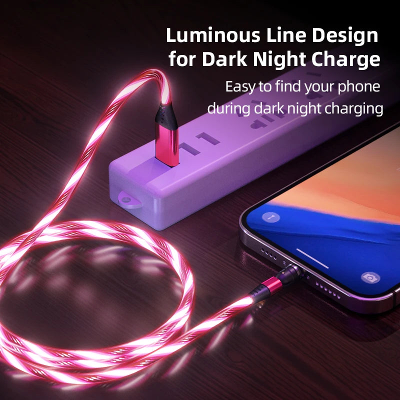 AUFU LED Flowing Light Charging Magnetic USB Cord Glow Type C Cable Magnetic Cable Micro Charger Cable for iPhone Huawei Samsung