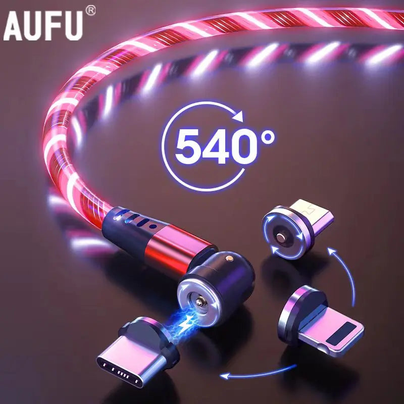 AUFU LED Flowing Light Charging Magnetic USB Cord Glow Type C Cable Magnetic Cable Micro Charger Cable for iPhone Huawei Samsung